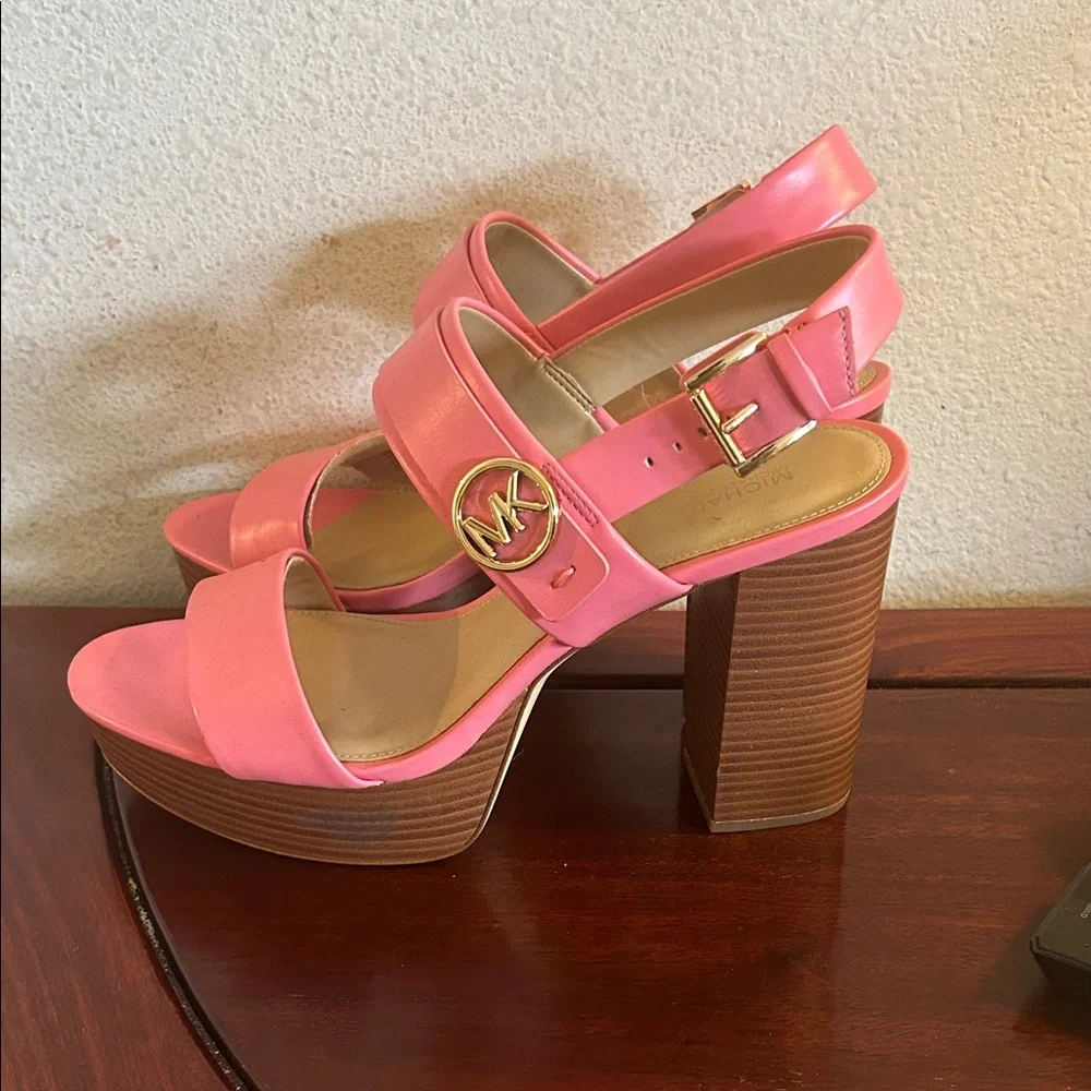 Michael Kors Coral Pink Platform Block Heel Sandals - Picture 2 of 7